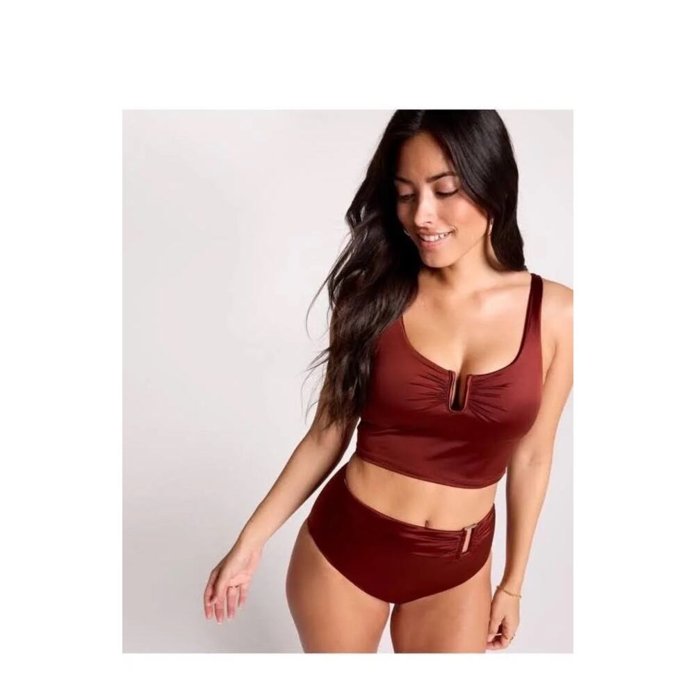 Calia Swim 2 Piece Tankini High Waist Metal Trim Bronze XS NEW Glam Sexy Modest